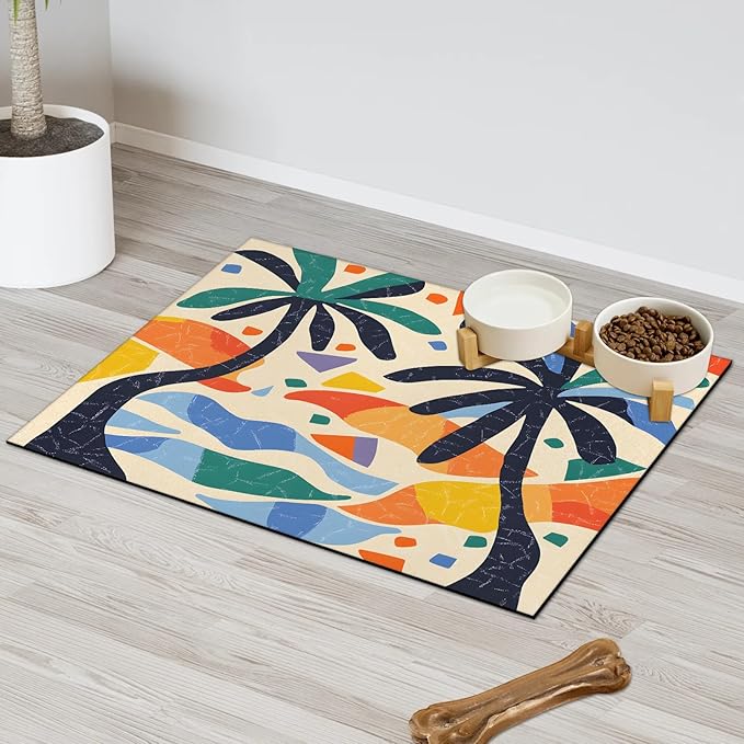 Palm Tree Dog Food Mat for Floors Absorbent, Quick Dry Water Dispenser Mat for Food, Water, Pet Supplies 16" x 24", Mid Century