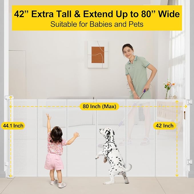 Reinforced 42” Extra Tall x 80” Wide Retractable Baby Gates with Rods to Prevent Crawling Through, Extra Tall Dog Gate for Large Openings Indoor Outdoor Long Mesh Gate for Stairs and Doorways, White