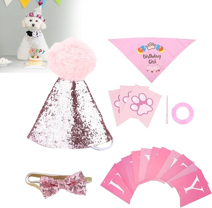 Dog Birthday Scarf Hat Set, Pet Birthday Party Supplies, Adjustable Soft Bandana with Bow Tie and Banner Cards for Puppy Photo Shoots and Celebrations