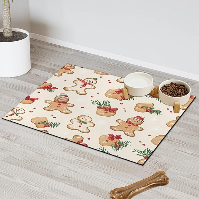Gingerbread Man Dog Food Mat for Floors Absorbent, Quick Dry Water Dispenser Mat for Food, Water, Pet Supplies 12" x 20", Xmas Holly