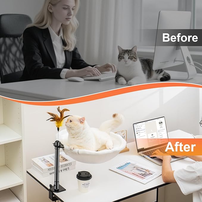 Uross Cat Desk Bed - Adjustable Height & 360 Rotation Cat Desk Perch Mount for Office and Game Tables, Attachment Desktop Bed with 2 Washable Covers, Soft Rabbit Fur& Breathable Mesh -Beige