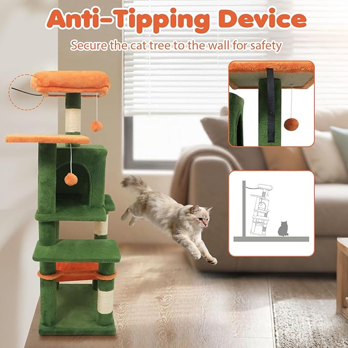 Tangkula Cat Tree Tower, 44 Inch Multi-Level Cat Tower with Sisal Scratching Posts, 2-Door Condo, Padded Top Perch & Hammock, 2 Hanging Balls, Jumping Platforms for Indoor Cats (Green & Orange)