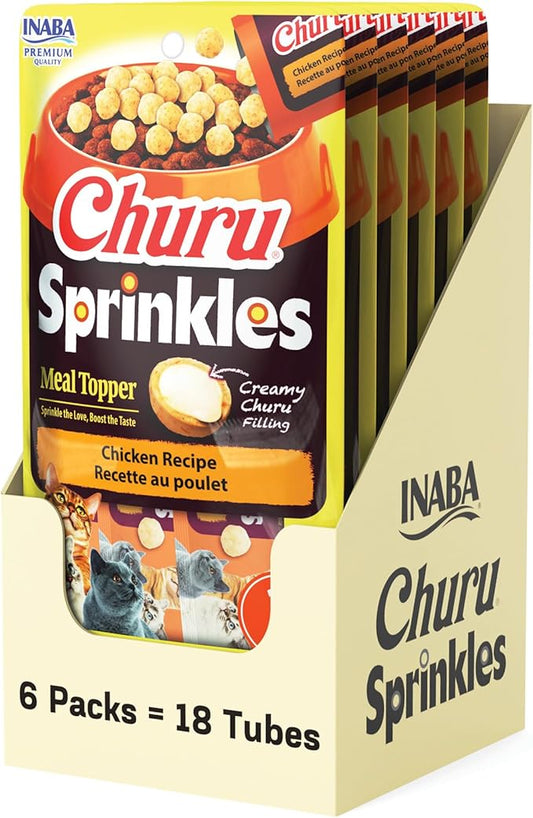 INABA Churu Sprinkles for Cat, Soft & Chewy Churu Filled, Baked Chicken Cat Treat Meal Topper with Vitamin E and Green Tea Extract, 1.05 oz. per Pack, 18 Packs Total, Chicken Recipe