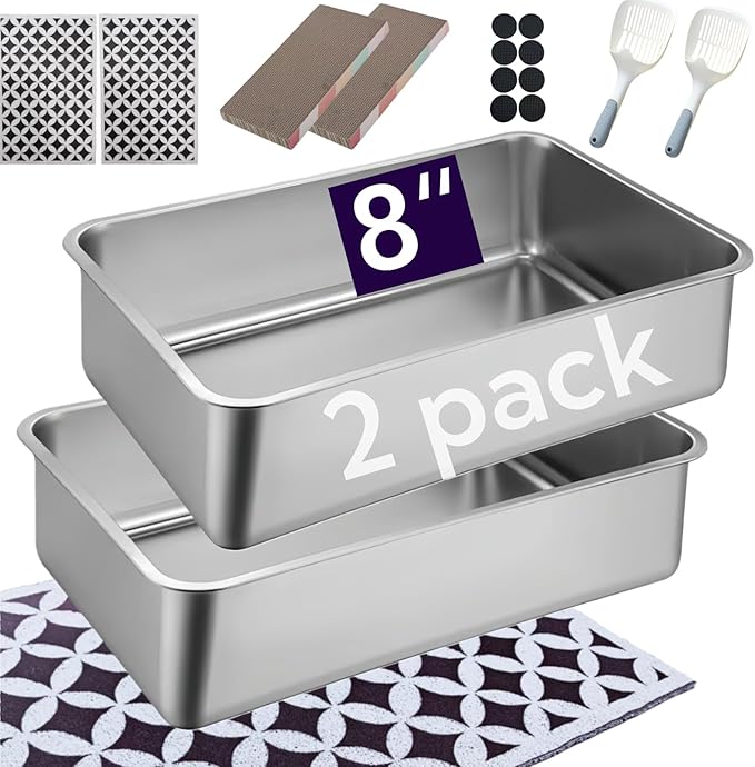 2 Pack Stainless Steel Cat Litter Box with High Sides - Metal Cat Pan, Large Indoor Litter Tray, Never Absorbs Odor, Pet Toilet Supplies Smooth Surface for Kitten, Kitty, Rabbit 23.6" 16"x8"