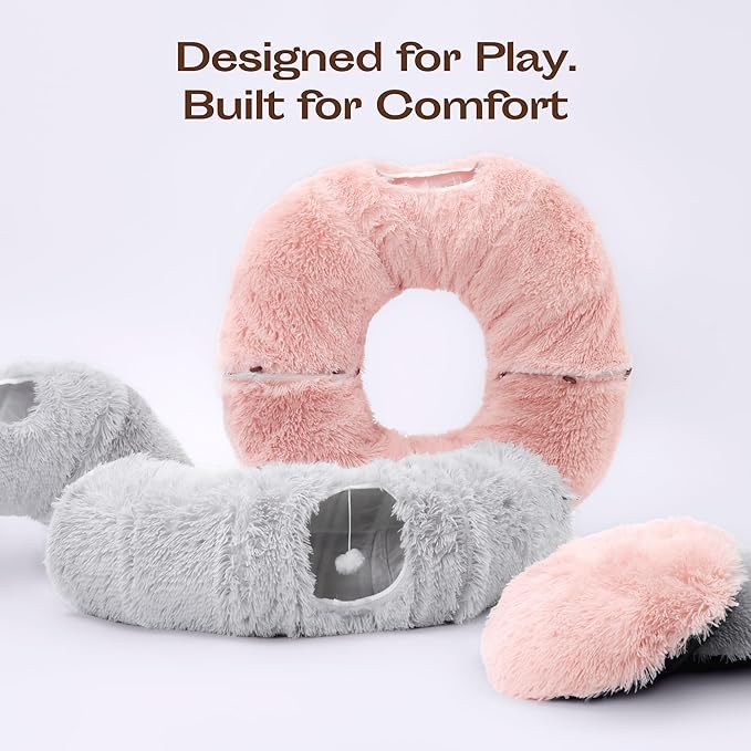 Meowfia Indoor Cat Tunnel with Donut Bed - Large Flexible Play Space for Multiple Pets - Circle or Snake Shape, Cozy Lounge (Pink)