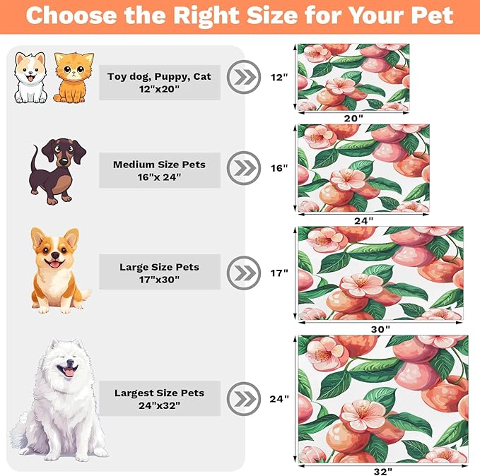 Peach Dog Food Mat for Floors Absorbent Dog Bowl Mat for Food and Water Dispenser Quick Dry Cat Food Placemat Pet Supplies 12" x 20", Flower