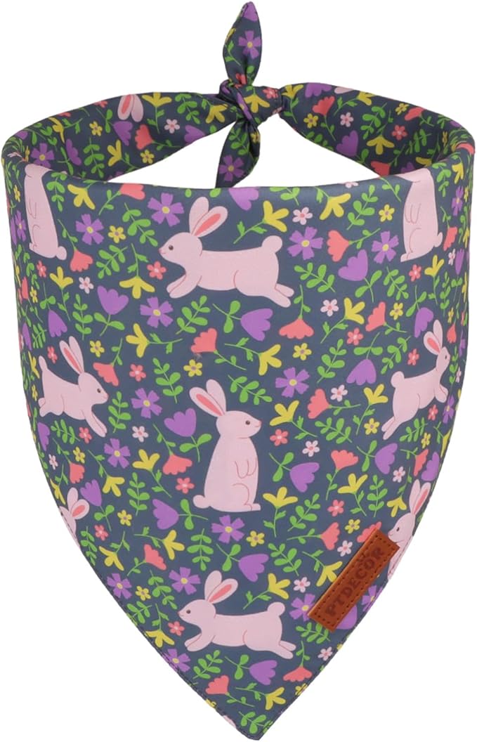 PTDECOR Easter Dog Bandana, Rabbit Floral Dog Scarf, Premium Durable Fabric, Black Easter Bandanas for Small Dogs Pets (Small)