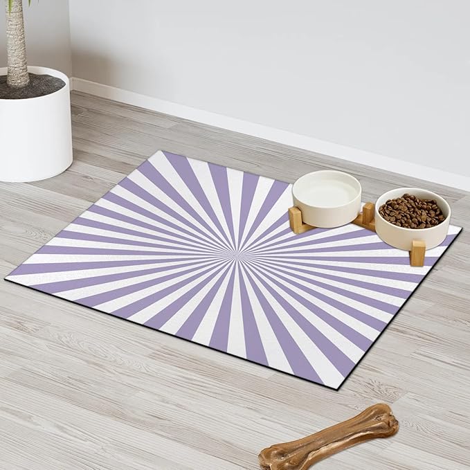 Striped Dog Food Mat for Floors Absorbent, Quick Dry Water Dispenser Mat for Food, Water, Pet Supplies 24" x 32", White Purple