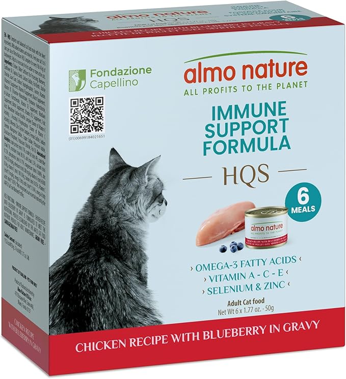 Almo Nature Supportive Formulas Immune Support Formula HQS Shredded Chicken & Blueberry in Gravy Wet Cat Food, 1.77-oz can, case of 6