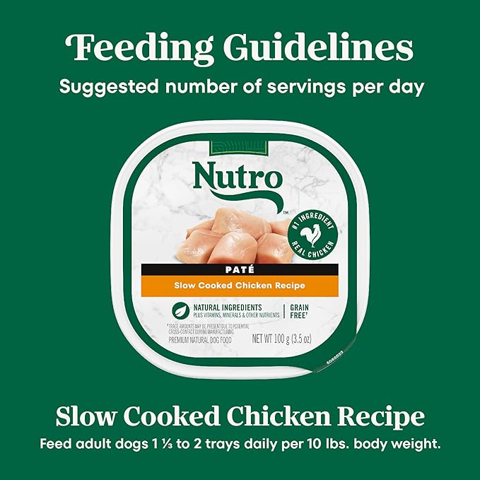 Nutro Adult Natural Grain Free Wet Dog Food Pate, Adult Dog Food Wet Recipe, Slow Cooked Chicken Recipe, 3.5 oz. Trays (24 Count, Pack of 1)