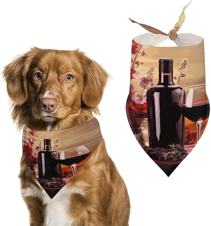 Dog Bandana Spring Pet Scarf Adjustable Triangle Red Wine Flower Printing Dog Bib Washable Polyester Puppy Bandana for Small Medium Large Dogs Cat Birthday Party Supplies
