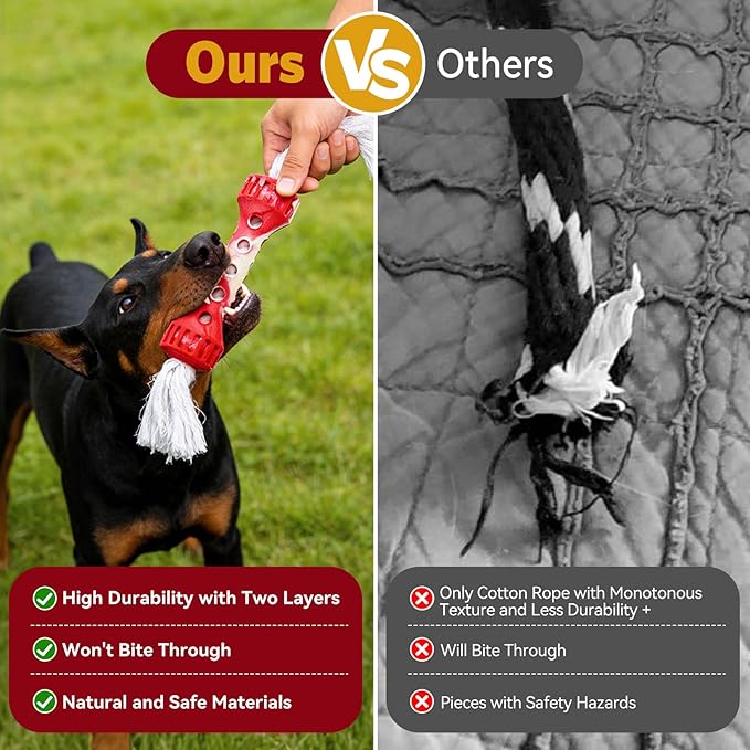 Interactive Dog Toy, Durable Teeth Cleaning Chew Toy, Outdoor Fetch and Retrieve Dog Toy, Natural Rubber Bone with Cotton Tassels for Medium and Large Dogs, Cream Scented, Red/White