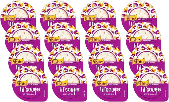 Purina Friskies Natural, Grain Free Wet Cat Food Lickable Cat Treats, Lil' Soups with Shrimp in Chicken Broth - 1.2 oz. Cup (Pack of 16)