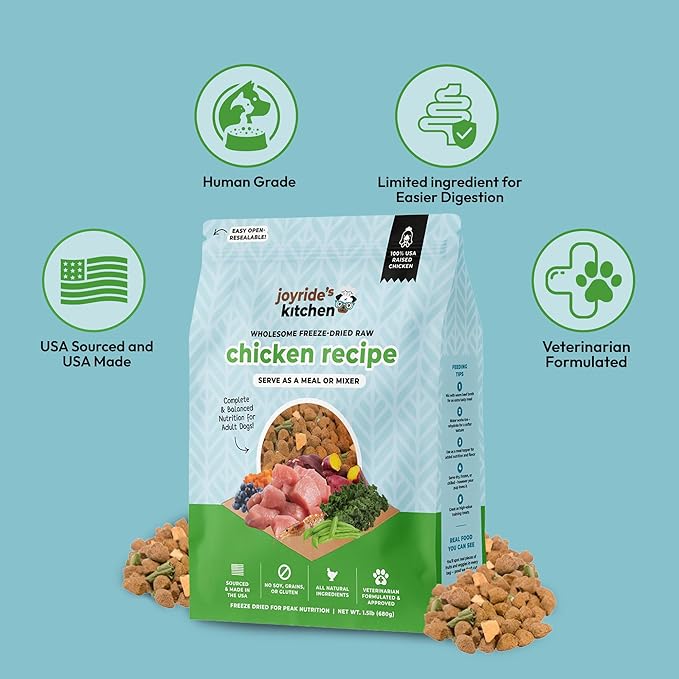 Joyride's Kitchen Freeze-Dried Raw Chicken Dog Food – Grain-Free, All-Natural, High Protein Freeze Dried Meal or Topper, Made in USA – Vet-Formulated, Picky Eater Approved
