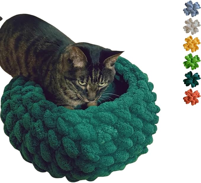 Cat Nest Bed - Premium Self Warming Handwoven Washable Extra Soft Round Cave House for Indoor Kitten & Kitty, Small & Large (DGreen,Medium)