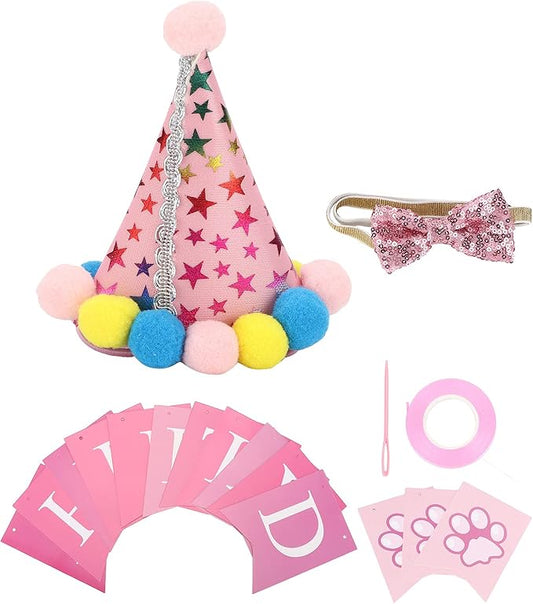 Dog Birthday Hat and Bow Tie Set, Adjustable Soft Pet Birthday Party Supplies with Banner for Small Medium Dogs, Washable Polyester Cotton Decorations for Photo Shoots (Pink)