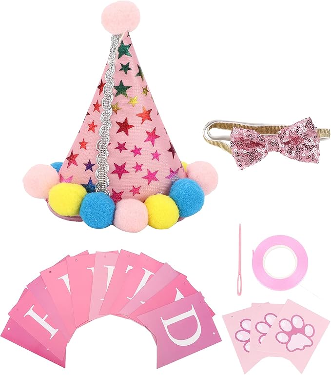 Dog Birthday Hat and Bow Tie Set, Adjustable Soft Pet Party Supplies, Cute Birthday Decorations with Banner for Small Medium Dogs, Washable Polyester Cotton Fabric (Pink)