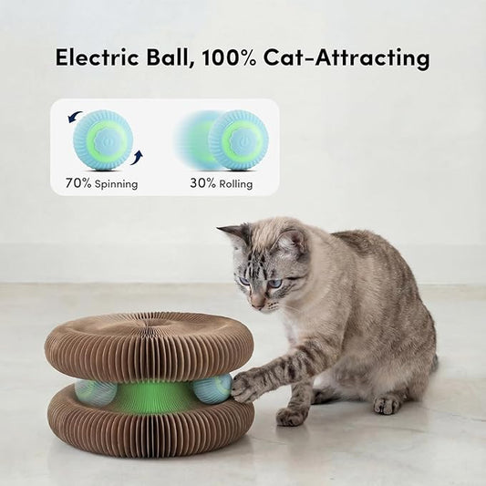 Magic Organ Cat Scratcher with Automatic Electric Ball, 2-in-1 Interactive Cardboard Scratching Board & Automatic Cat Toy Ball, Shape-Shifting Accordion Pad for Indoor Cats
