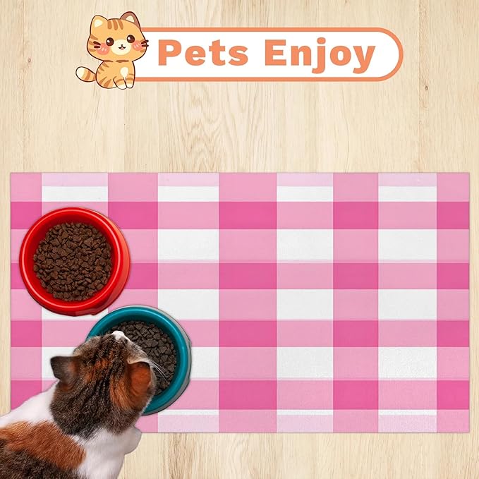 Pink Checkered Dog Food Mat for Floors Absorbent, Quick Dry Water Dispenser Mat for Food, Water, Pet Supplies 17" x 30", Buffalo Plaid