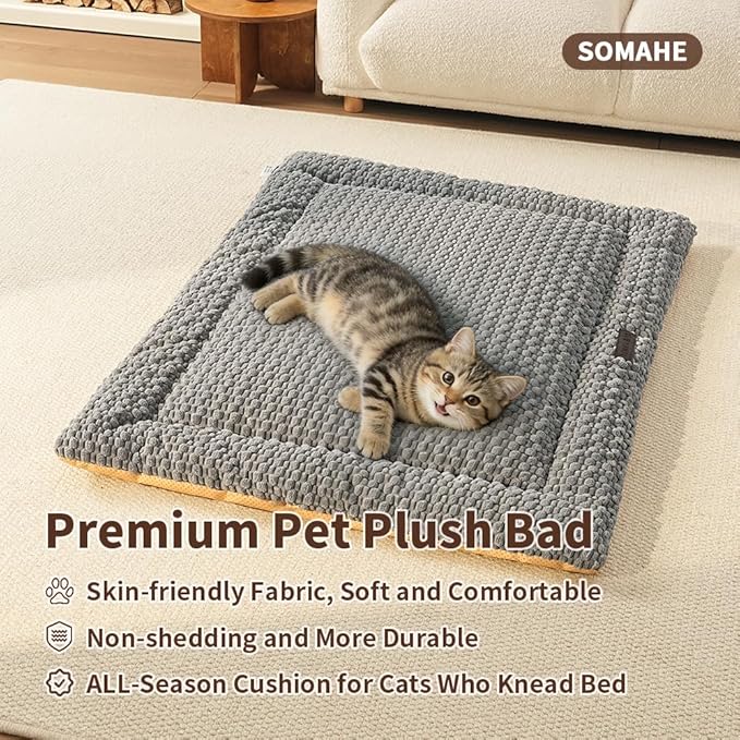 Plush Cat Kneading Bed Mat, Premium Plush Fabric Bed with Non-Slip Bottom, 3cm Thick All-Season Cushion for Cats Who Knead, Machine Washable Anti-Static Pet Bed, 23x15 Inch, Grey