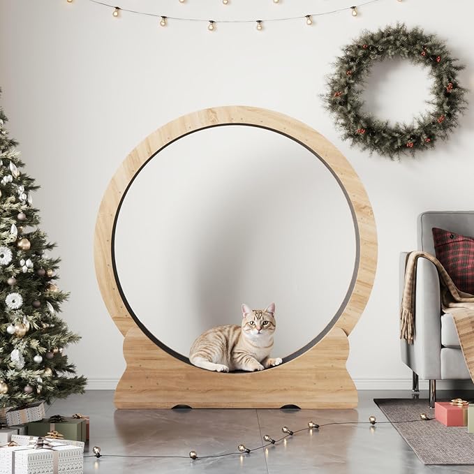 Cat Exercise Wheel, 46'' Cat Wheel for Indoor Cats with Carpeted Runway, XL Treadmill with Removable Carpet and Teaser, for Running Walking Training (Natural Wood)