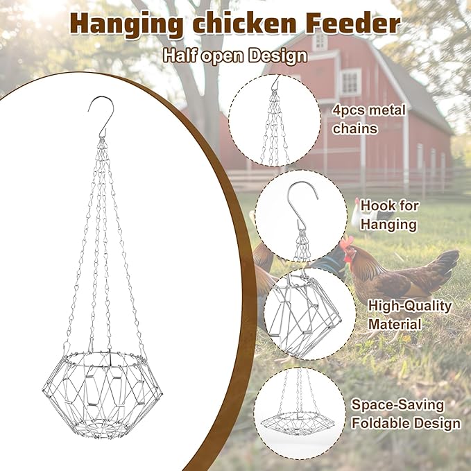2 Pack Hanging Chicken Feeder, 9.2IN Large Foldable Chicken Treat Dispenser Vegetable and Fruit Food Utensils Basket,Sack Coop Rabbit Hens Duck Poultry Bowl with 4pcs Hanging Chain
