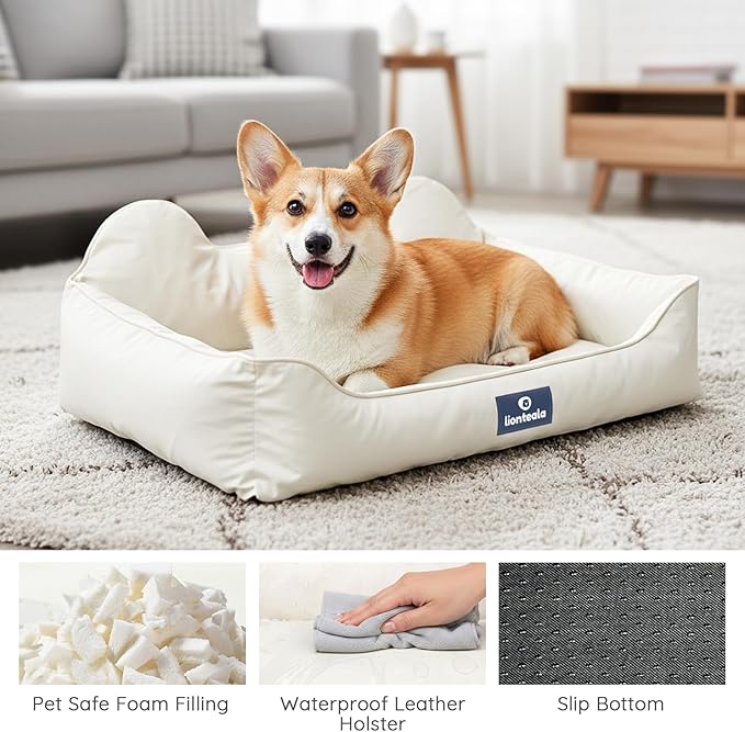 EarsUp Dog Bed 22Inch Leather Dog Sofa, Detachable Orthopedic Puppy Beds, Rectangle Pet with Non-Slip Bottom, Waterproof, Machine Washable (White)