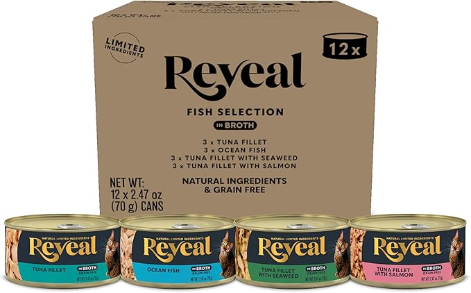 Reveal Natural Wet Canned Cat Food, 4-Flavor Variety Pack, Limited Ingredient, Grain Free, High Protein with No Artificial Additives, Fish Variety in Broth (12 x 2.47 oz Cans)