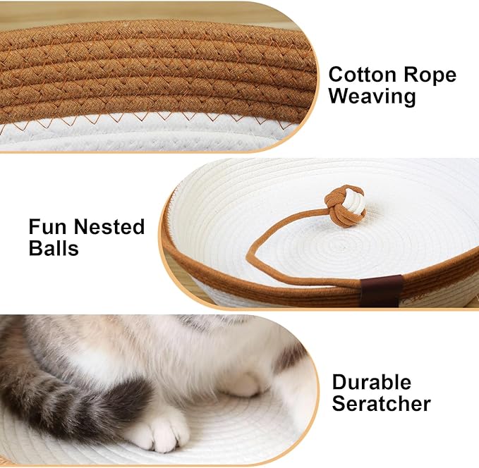Instinct Basket,Stimulicat Cat Bed,Stimulicat Cat Bed Rope Cotton with Cushion,Eliminates Bed Rejection Round Pet Basket,Boho Catbed for Cats Handwoven Scratchable Breathable Weave (White, Large)