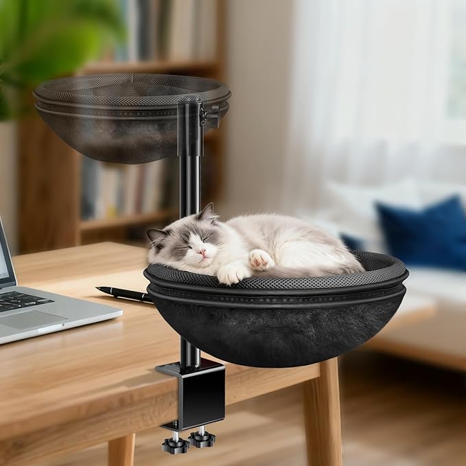 Cat Desk Bed, Cat Hammock with 360° Rotating & Height Adjustable, Removable Dual-Sided Breathable & Comfortable Kitten Bed, Cats Furniture Attachment for Indoor Office Desk (Black)