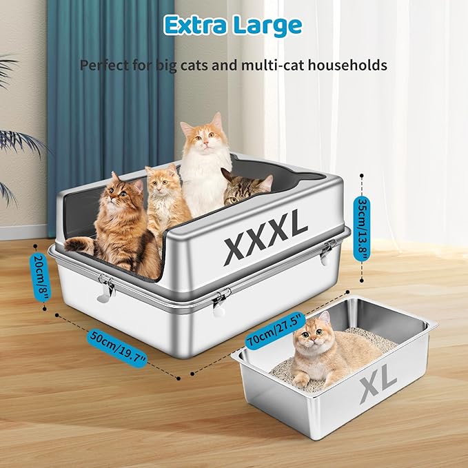 Extra Large Stainless Steel Cat Litter Box, 27.5" L x 19.7" W x 14" H XXXL Semi Enclosed Removable Metal Litter Tray with High Sided Enclosure, Scoop, Anti-Leakage, Non-Sticky, Easy Cleaning