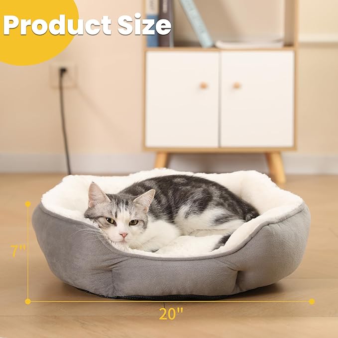 Heated Cat Bed Indoor for Cats & Small Dogs - Winter Warm Plush Round Pets Heating Bed, Ultra-Soft Velvet & Cotton Thermal Heated Dogs Bed for Cold Weather, Overheat Protection for Pets (20x20 Inch)