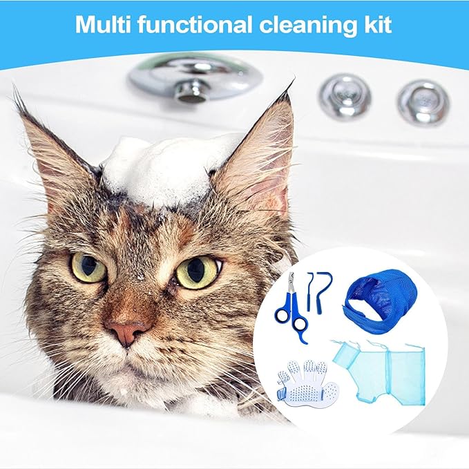 Cat Bathing Bag - 5 Pieces Cat Bathing Bag Anti Scratch and Bite | Pet Cleaning and Grooming Set | Grooming Pet Claw Care with Nail Clipper Trimmer Cleaning Supplies for Indoor & Kitten