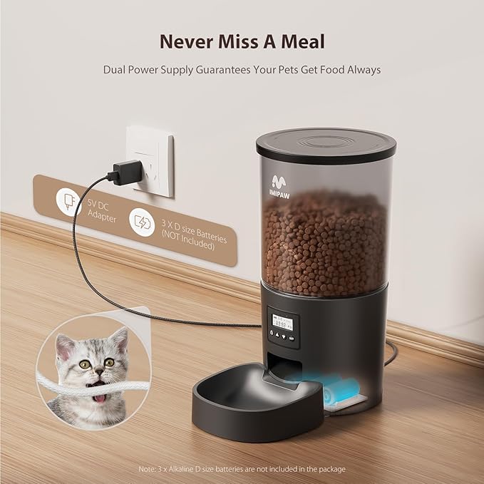 IMIPAW Automatic Cat Feeders, 5L Large Capacity, Timed Feeding Dry Food, Dual Power Design, Programmable Portion Size, 1-6 Meals Per Day, with Desiccant, Suitable for Small Pets Food Dispenser, Black