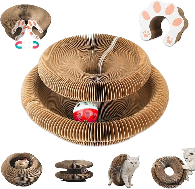 Kitty Curlz Cat Toy, Magic Organ Cat Interactive Scratcher Cardboard with Bell Ball, Foldable & Changeable Accordion Shape Exercise Anxiety Relief Toy for Indoor Cats(1PCS)