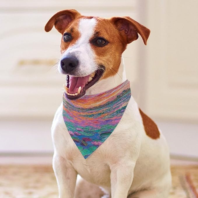 Dog Bandana Spring Pet Scarf Adjustable Triangle Monet Waterlily Printing Dog Bib Washable Polyester Puppy Bandana for Small Medium Large Dogs Cat Birthday Party Supplies