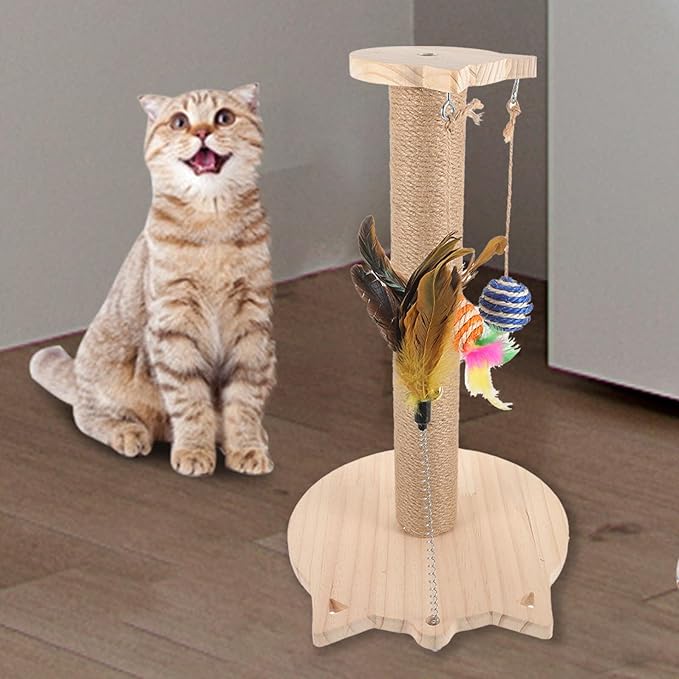 DOITOOL Cat Scratching Post Natural Sisal Hemp Sturdy Floor Scratcher with Teaser for Indoor Cats and Kittens Household Scratch Pad Random Color