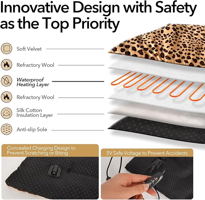 USB Heating Pad for Cat, Small Dog, 5V Safe Heated Pet Mat with 3-Temp, Hand Washable Warming Pad for Indoor Outdoor Use, Powered by Battery Operated Power Bank Car Charger (Leopard Print)