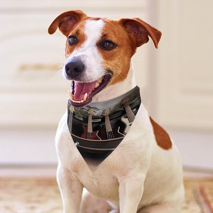 Dog Bandana Spring Pet Scarf Adjustable Triangle Guitar Bass Music Musical Instruments Printing Dog Bib Washable Polyester Puppy Bandana for Small Medium Large Dogs Cat Birthday Party Supplies