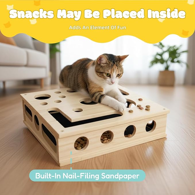 Cat Nail File Enrichment Box - Wooden Scratch & Puzzle Toy with 3 Bell Balls, Sandpaper Pad for Indoor Cat Claw Grinding, Mental Stimulation and Boredom Relief