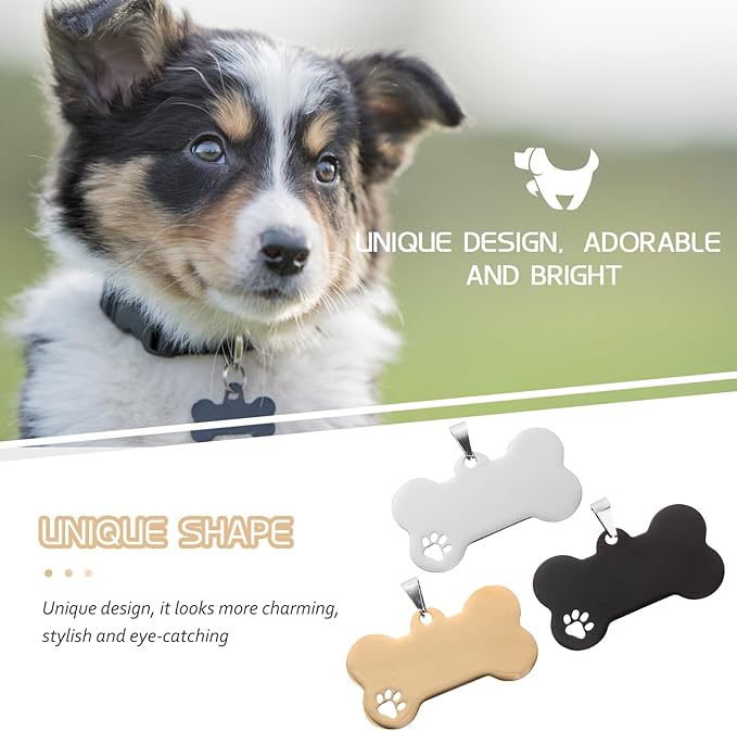 3pcs Dog Bone Shape Pet Id Tags Set, Engraved Anti-Lost Blank Dog Name Tags Pendant for Collars, Silver Black Gold Metal Hanging Pet Supplies