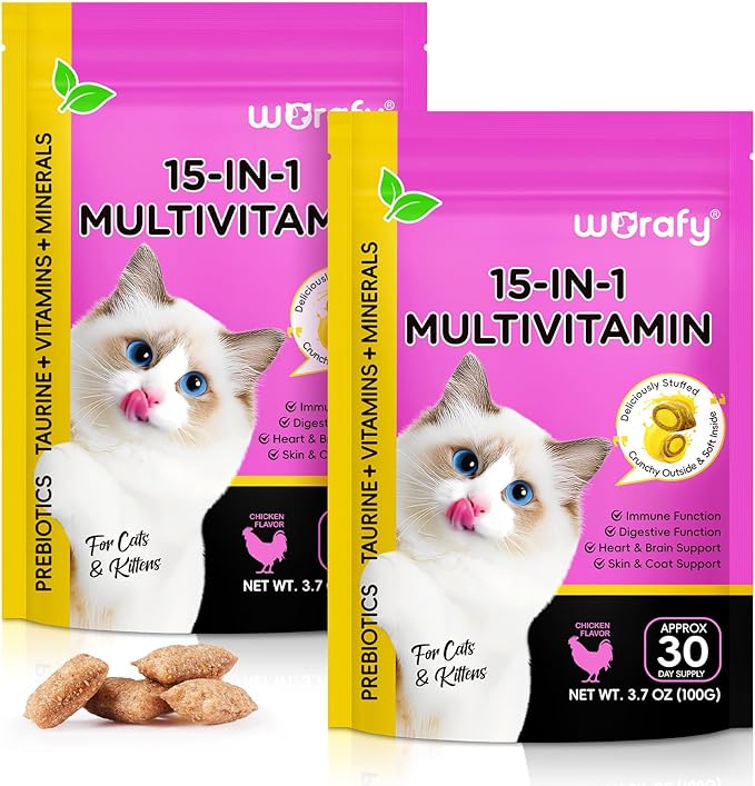 Cat Vitamins Chews, 15 in 1 Cat Multivitamin Treats for Health, Immune, Joint Support, Skin & Coat, & Digestion, Vitamins with Taurine, Omega-3s & Probiotics, Chicken (60 Day Supply)