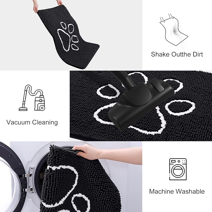 Smiry Dog Door Mat for Muddy Paws, Absorbent Dirt Trapper Non Slip Quick Dry Washable Chenille Mat for Mud Dogs, Entry Rug for Indoor and Outdoor (59x24 Inches, Black and White)