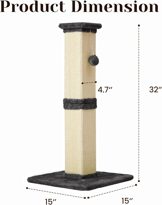 Tall Cat Scratching Post, 32'' Heavy Duty and Thick Scratching Post, Scratching Post for Adult Cats, Thick Sisal Rope with Hanging Ball, Grey