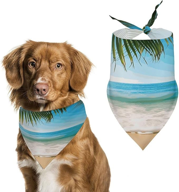 Dog Bandana Spring Pet Scarf Adjustable Triangle Ocean Sea Beach Palm Leaves Printing Dog Bib Washable Polyester Puppy Bandana for Small Medium Large Dogs Cat Birthday Party Supplies
