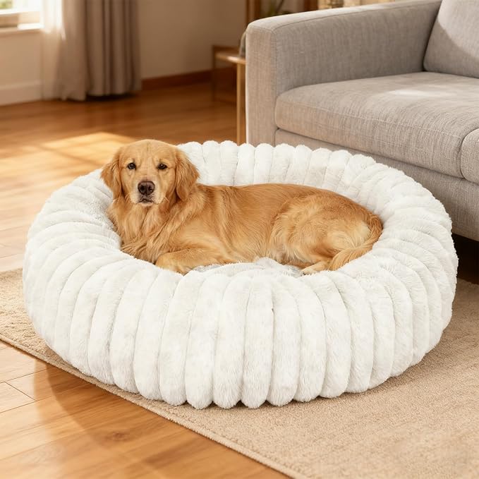 Washable Extra Large Dog Bed,Calming Anti Anxiety Round Donut Dog Bed,Fluffy Puppy Beds for Small Dogs,Cute Kitten Cat Beds for Indoor Cats,Anti-Slip Comfort Pet Beds for Extra Large Size(White,XXL)