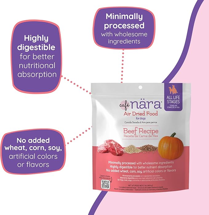 Café Nara Air Dried Dog Food, Beef Recipe, Complete Meal, Food Topper, or Treat, Made in USA for All Breeds and Ages, 1 lb (16 oz) Bag