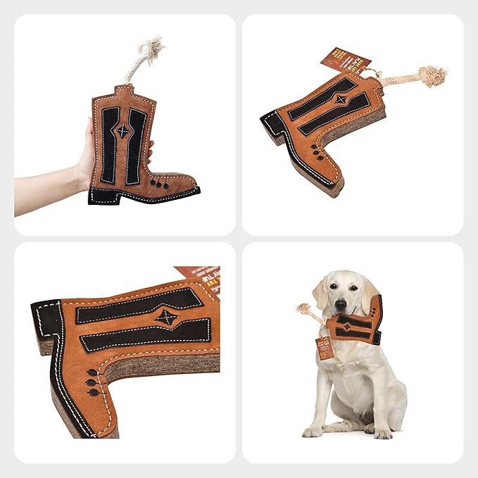 Cowboy Boot Leather Chew Toy for Dogs - Extra Thick Wool, Stitched & Real Leather Dog Toy for Small, Medium & Large Dogs - Durable & Safe Chew Toys for Puppies