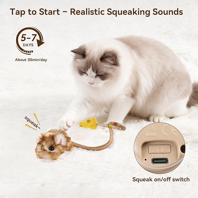 Migipaws Interactive MigiMouse Cat Toy 360° Rolling & Spin with Wiggling Tail for Indoor Cats Smart Motion Sensor, Realistic Squeak, Rechargeable Plush Kitten Toy(Brown Long)
