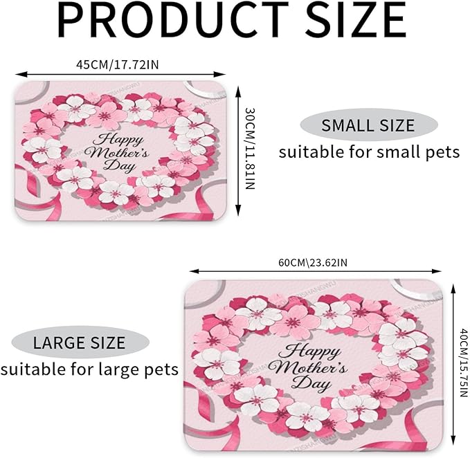 Dog Food Mat for Floors Absorbent Quick Drying Happy Mother's Day Floral Gift for Mom Dl Pet Cat Food Mat Easy-to-Clean Pet Feeding Mats Dog Bowl Mats 18X12In